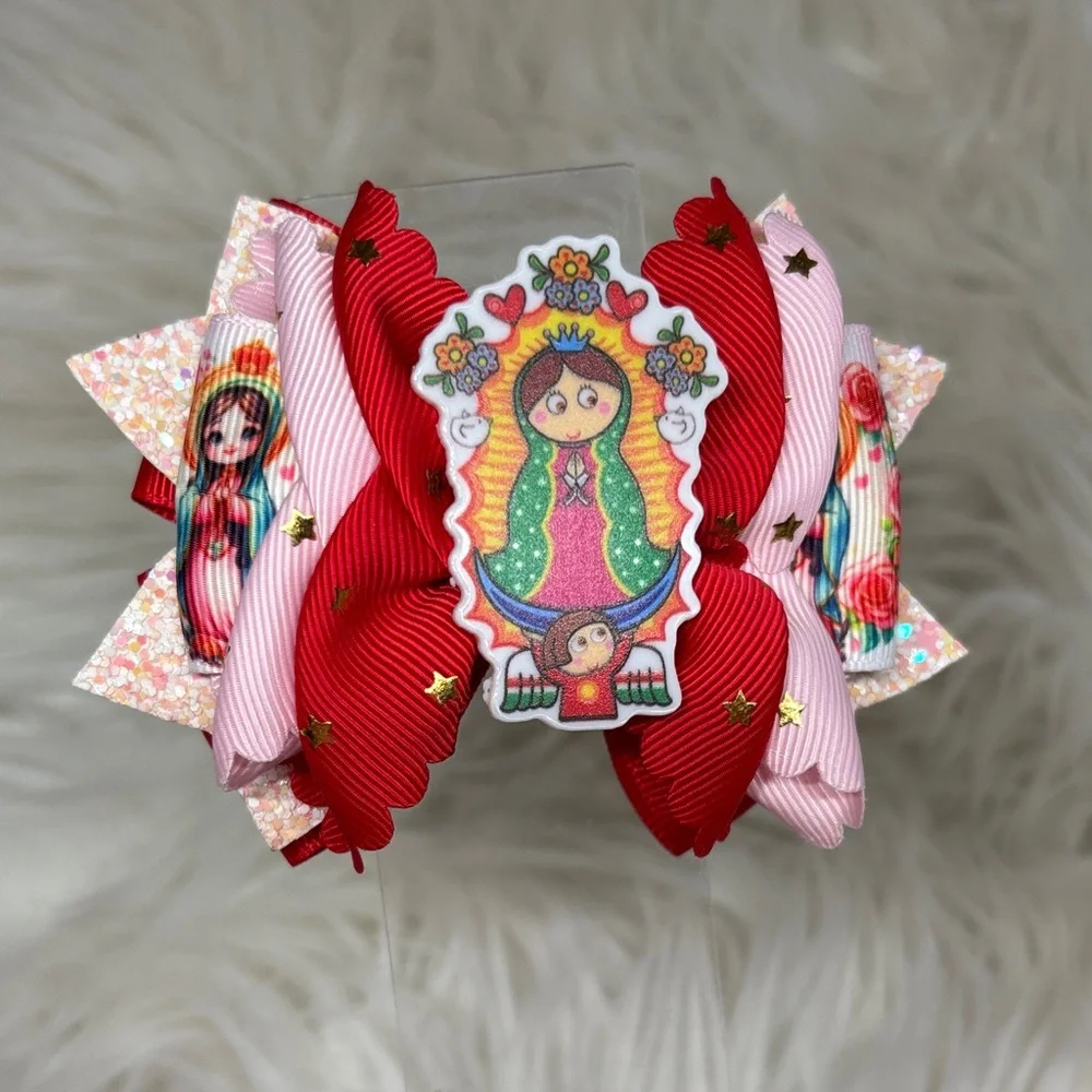 Colorful Kids Hair Bow with Virgen de Guadalupe Design